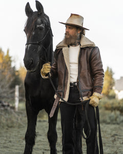 Grimshaw Rancher Brown Leather Jacket with Cream Sherpa the Outlaw Master Supply Co